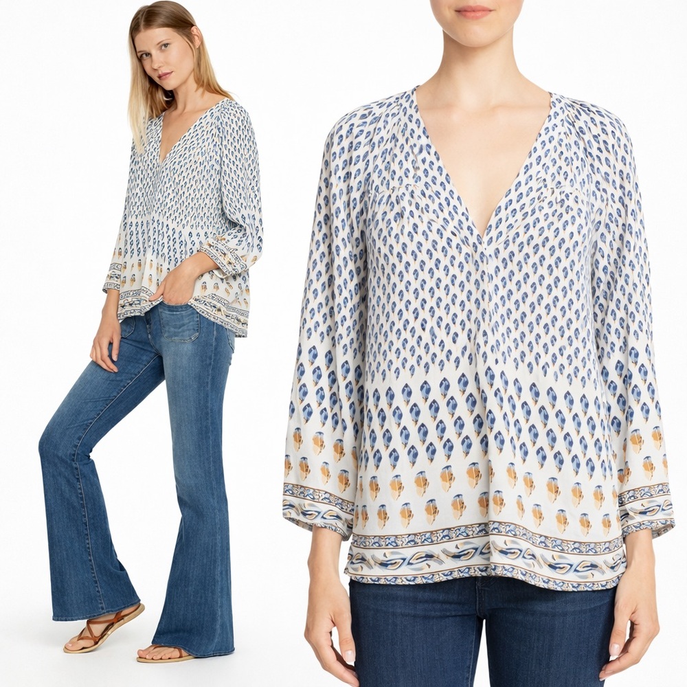 Joie Sonoma Silk Boho Peasant Blouse Feather Print Blue Ivory XS